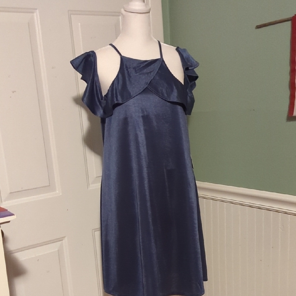 Express Off Shoulder Ruffle Dress Medium Navy Blue Wedding
